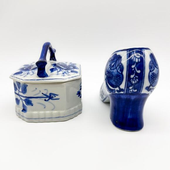 Chinese Canton Chinoiserie Blue White Trinket Box w/ Lid Plus Ceramic Shoe - Picture 8 of 13